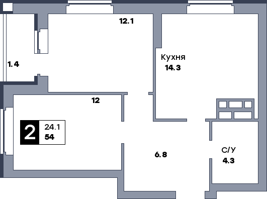 2 комнатная квартира, №585, этаж 2