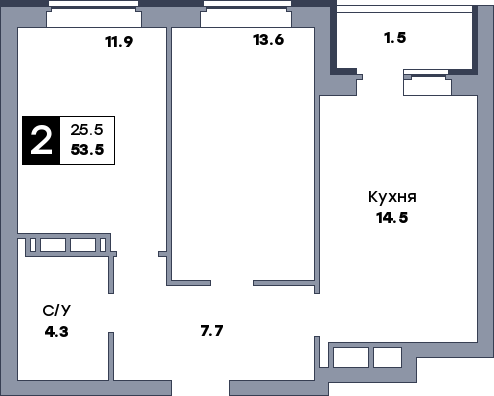 2 комнатная квартира, №586, этаж 2