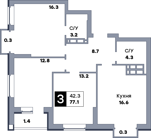 3 комнатная квартира, №594, этаж 3