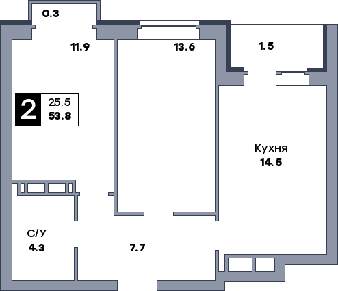 2 комнатная квартира, №596, этаж 3