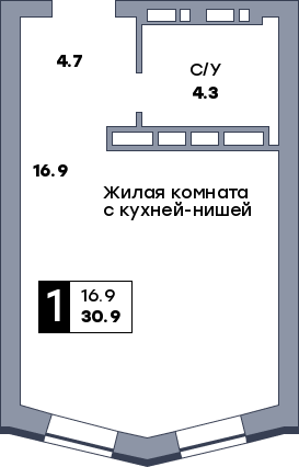 1 комнатная квартира, №602
