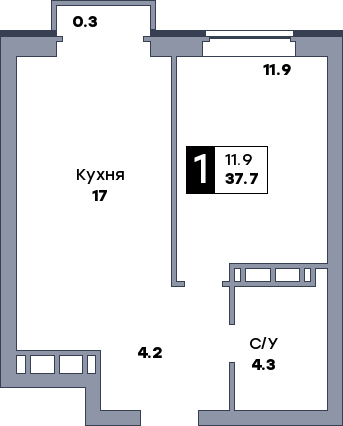 1 комнатная квартира, №607