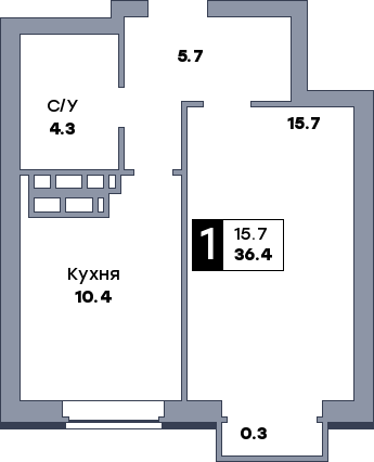 1 комнатная квартира, №613