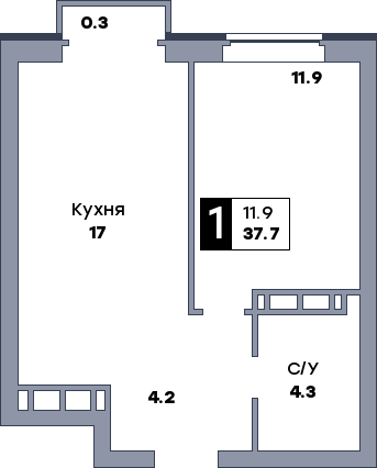 1 комнатная квартира, №627, этаж 7