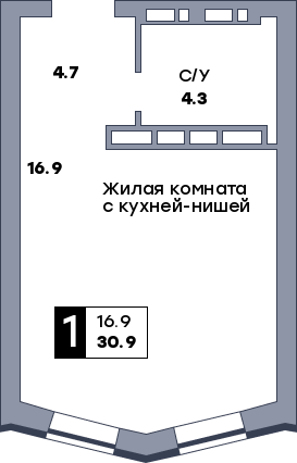 1 комнатная квартира, №632, этаж 7