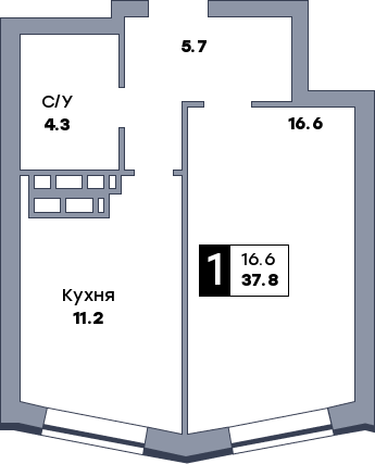 1 комнатная квартира, №633, этаж 7