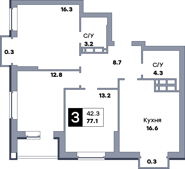 3 комнатная квартира, №634, этаж 7