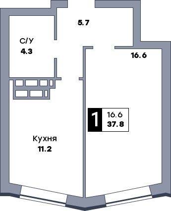 1 комнатная квартира, №643