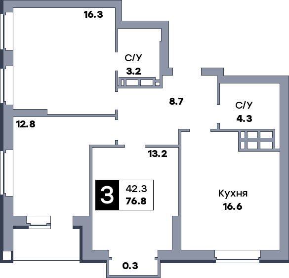 3 комнатная квартира, №644, этаж 8