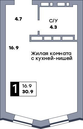 1 комнатная квартира, №652, этаж 9