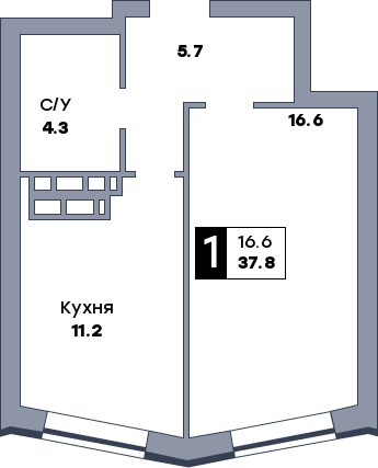 1 комнатная квартира, №653, этаж 9