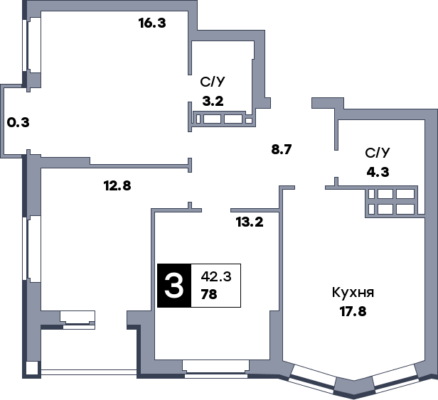 3 комнатная квартира, №654, этаж 9