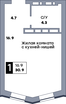 1 комнатная квартира, №662