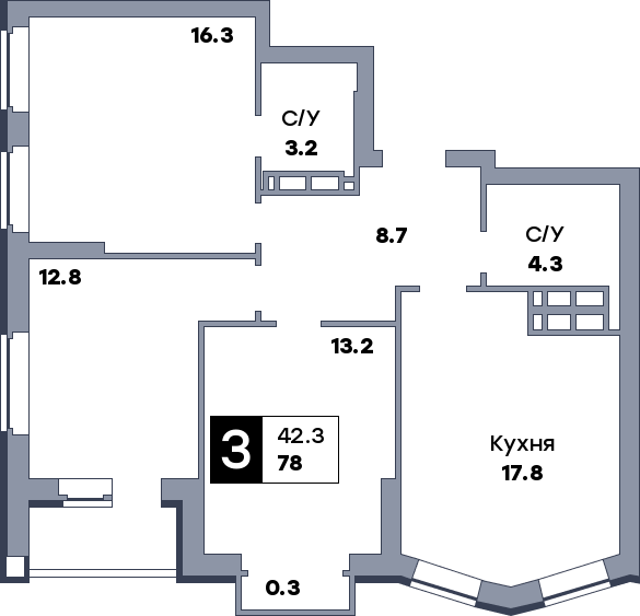 3 комнатная квартира, №664, этаж 10