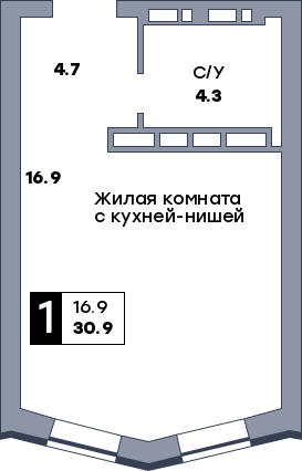 1 комнатная квартира, №682