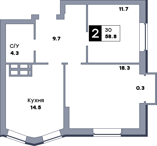 2 комнатная квартира, №689, этаж 13