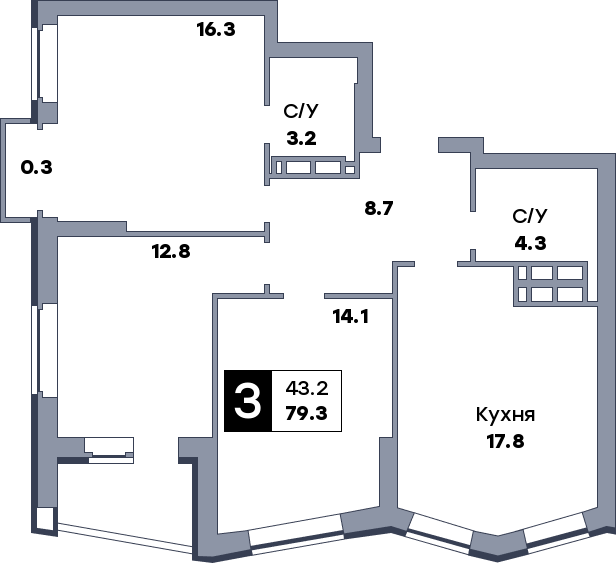 3 комнатная квартира, №694