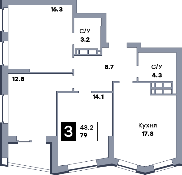 3 комнатная квартира, №704, этаж 14