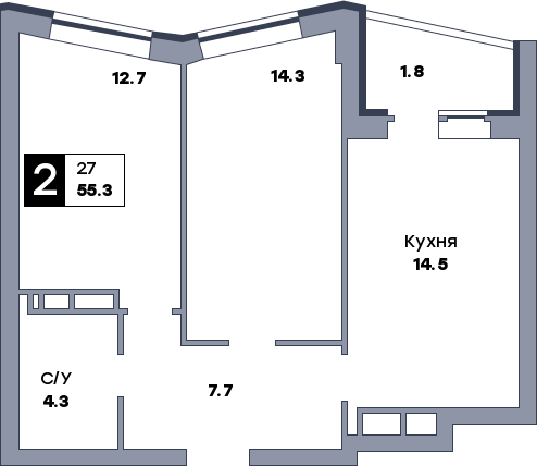 2 комнатная квартира, №706, этаж 14