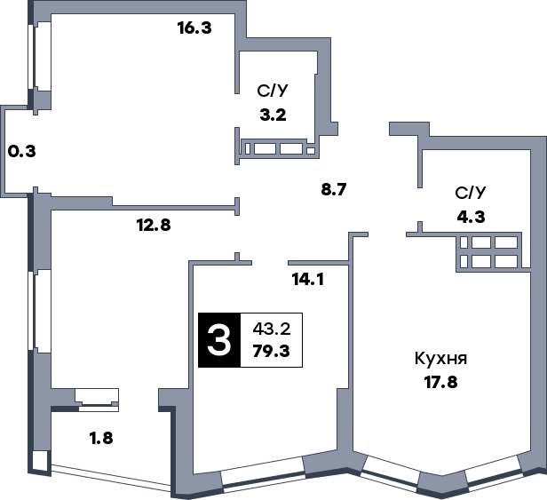 3 комнатная квартира, №714, этаж 15