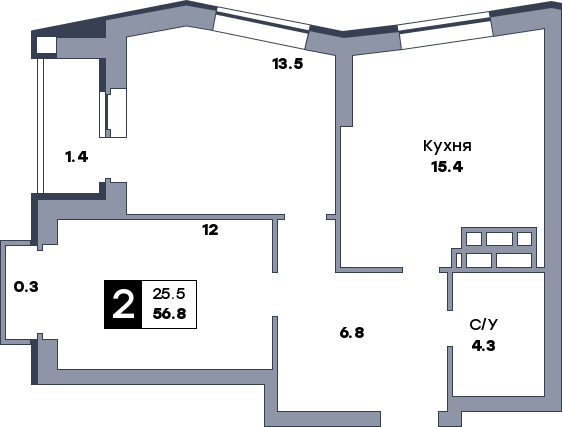 2 комнатная квартира, №715