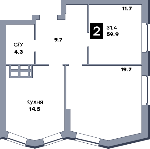 2 комнатная квартира, №719, этаж 16