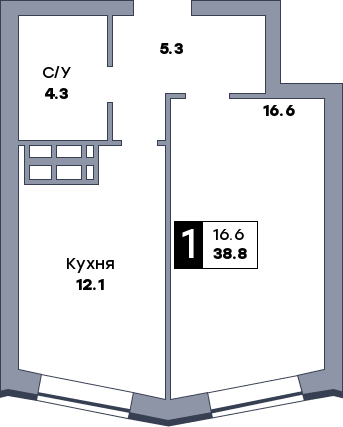 1 комнатная квартира, №721, этаж 16