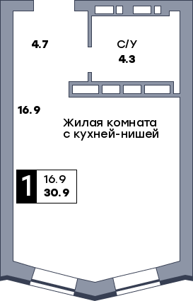 1 комнатная квартира, №722, этаж 16