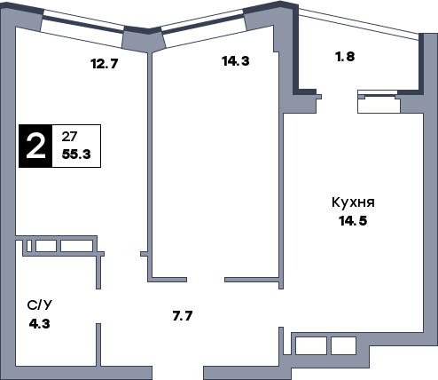 2 комнатная квартира, №726, этаж 16