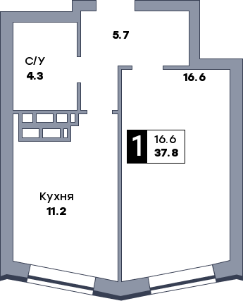1 комнатная квартира, №733, этаж 17