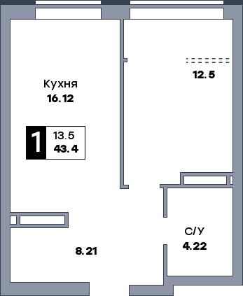 1 комнатная квартира, №475, этаж 2