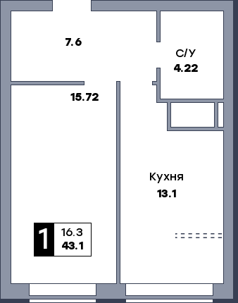 1 комнатная квартира, №523, этаж 6