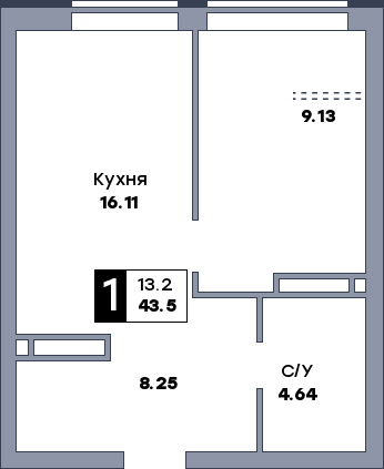 1 комнатная квартира, №554, этаж 9