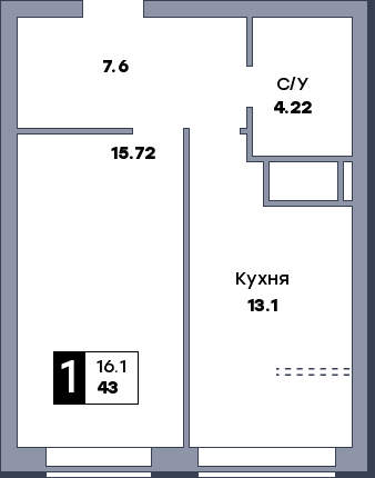 1 комнатная квартира, №556
