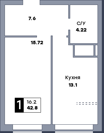 1 комнатная квартира, №589