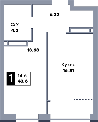 1 комнатная квартира, №657, этаж 19