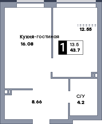 1 комнатная квартира, №704
