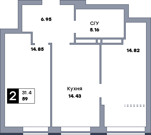 2 комнатная квартира, №719, этаж 2