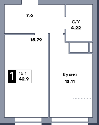 1 комнатная квартира, №740