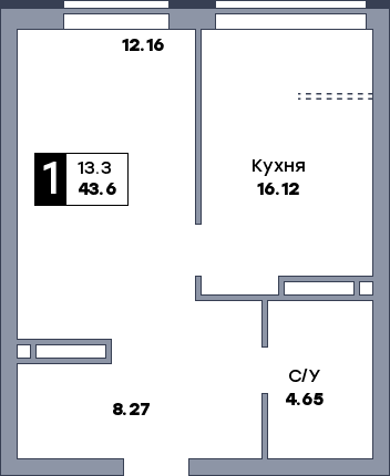 1 комнатная квартира, №757, этаж 6