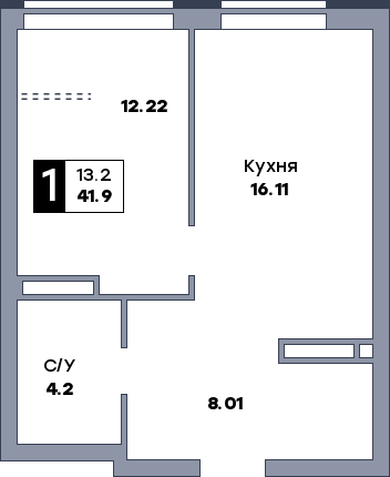 1 комнатная квартира, №759, этаж 6