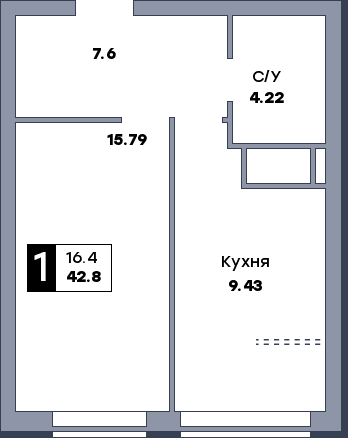 1 комнатная квартира, №861