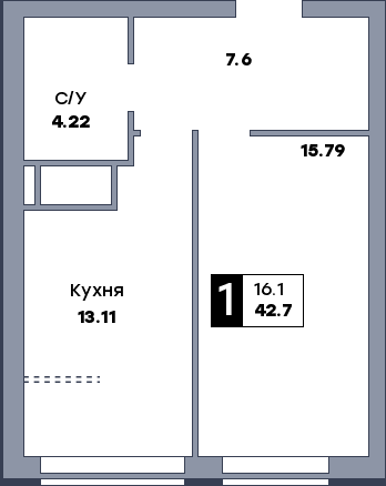 1 комнатная квартира, №864, этаж 16