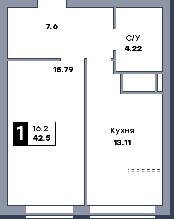 1 комнатная квартира, №916