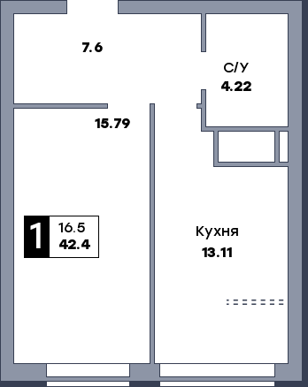 1 комнатная квартира, №938
