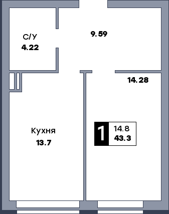 1 комнатная квартира, №940, этаж 1