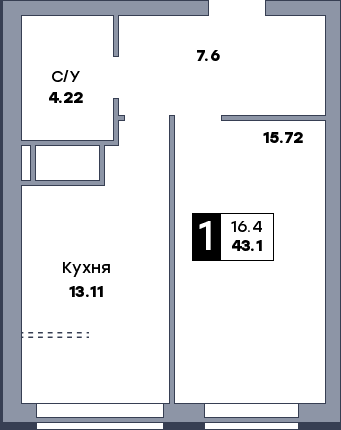 1 комнатная квартира, №971, этаж 4