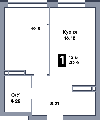 1 комнатная квартира, №1041, этаж 10