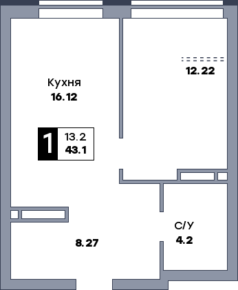 1 комнатная квартира, №1073, этаж 13