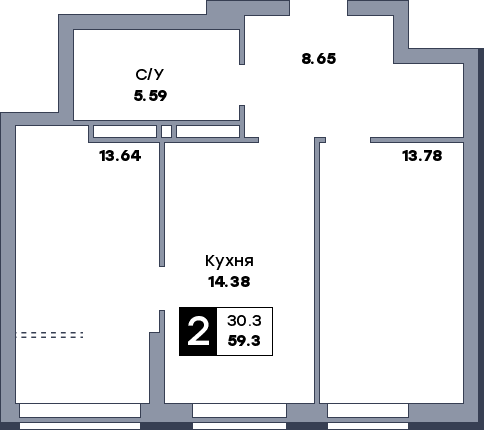 2 комнатная квартира, №1080, этаж 14